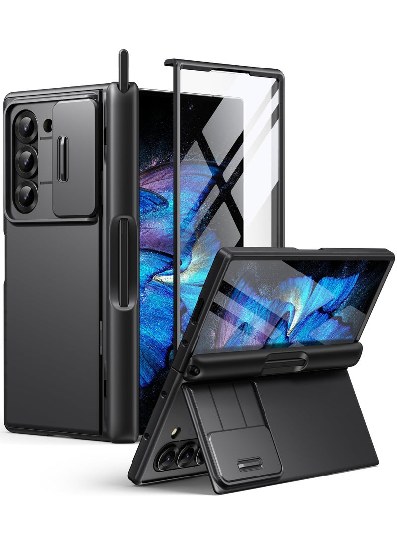 BERFY Samsung Galaxy Z Fold 6 Case with S Pen Holder, [Built-in Screen Protector & Kickstand & Slide Camera Cover] Full Body Heavy Duty Shockproof Slim Hard Phone Case for Samsung Z Fold 6 Black  - Image 1
