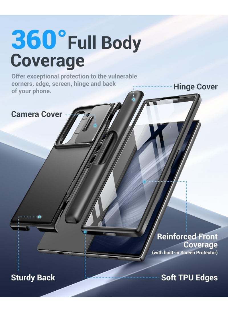 BERFY Samsung Galaxy Z Fold 6 Case with S Pen Holder, [Built-in Screen Protector & Kickstand & Slide Camera Cover] Full Body Heavy Duty Shockproof Slim Hard Phone Case for Samsung Z Fold 6 Black  - Image 5