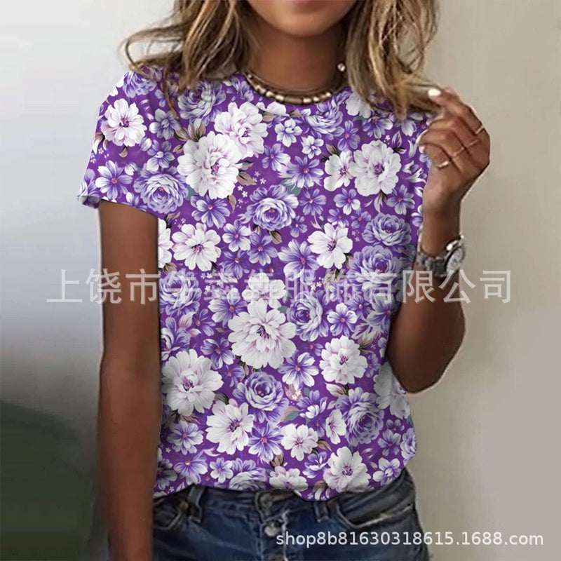 Summer 3Dt Shirt Short Sleeve Leisure Floral Wind Printing Ladies Short Sleeve T-Shirt - Image 1