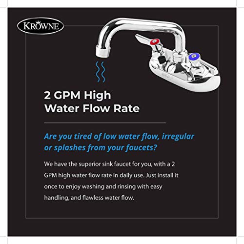 Krowne Wall Mount Kitchen Faucet - Utility Sink 4” Center Mount, 6" Swing Spout, ½” NPT Male Inlet, 2 GPM Flow Rate, Ceramic Valve Chrome Plated Finish, Lever Handle, Silver Series Plumbing, 10-406L - Image 4