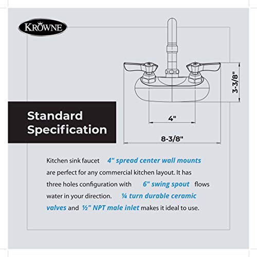 Krowne Wall Mount Kitchen Faucet - Utility Sink 4” Center Mount, 6" Swing Spout, ½” NPT Male Inlet, 2 GPM Flow Rate, Ceramic Valve Chrome Plated Finish, Lever Handle, Silver Series Plumbing, 10-406L - Image 3