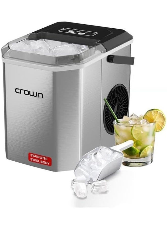 Crown Portable Ice Maker Countertop, Ice Maker Machine with Handle, Scoop and Basket, 12kg/Day, 9 Bullet Ice Cubes in 6 Mins, 2 Cube Sizes (S/L), Ideal for Home, Kitchen, Bar, Party - Image 1