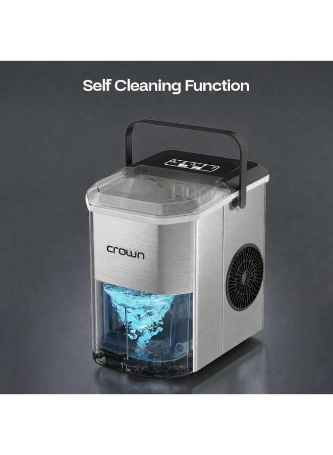 Crown Portable Ice Maker Countertop, Ice Maker Machine with Handle, Scoop and Basket, 12kg/Day, 9 Bullet Ice Cubes in 6 Mins, 2 Cube Sizes (S/L), Ideal for Home, Kitchen, Bar, Party - Image 2