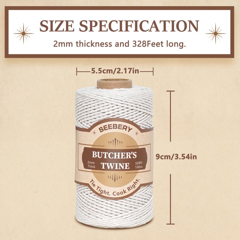 SEEBERY Butchers Twine â€“ 100% Natural Cotton Kitchen String, Oven Safe for Tying Meat, Roasting, Trussing Turkey, Baking, Grilling â€“ Food Grade for Cooking, Crafts, and Gift Wrappingï¼ˆ328ft ï¼‰ - Image 3