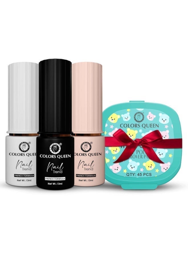 Colors Queen Nail Trend Glossy Nail Paint Combo Set of 3 with Free Nail Paint Remover Wipes - 45 pcs| Long Lasting & Vibrant Nail Paint for Women (Cosmic Cloud, Power House, Blush Blossom, 13ml*3) - Image 1