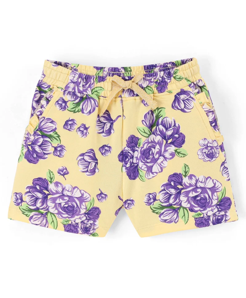 Pine Kids Pine Kids 100% Cotton Knit Mid Thigh Length Floral Printed Shorts - Yellow & Purple