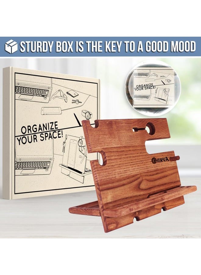 BarvA محطة شحن خشبية ريفية | حامل هاتف ومنظم مكتب | محطة شحن وحامل هاتف | منظم طاولة ليلي مدمج لملحقات الرجال | هدايا مثالية للرجال - Image 4