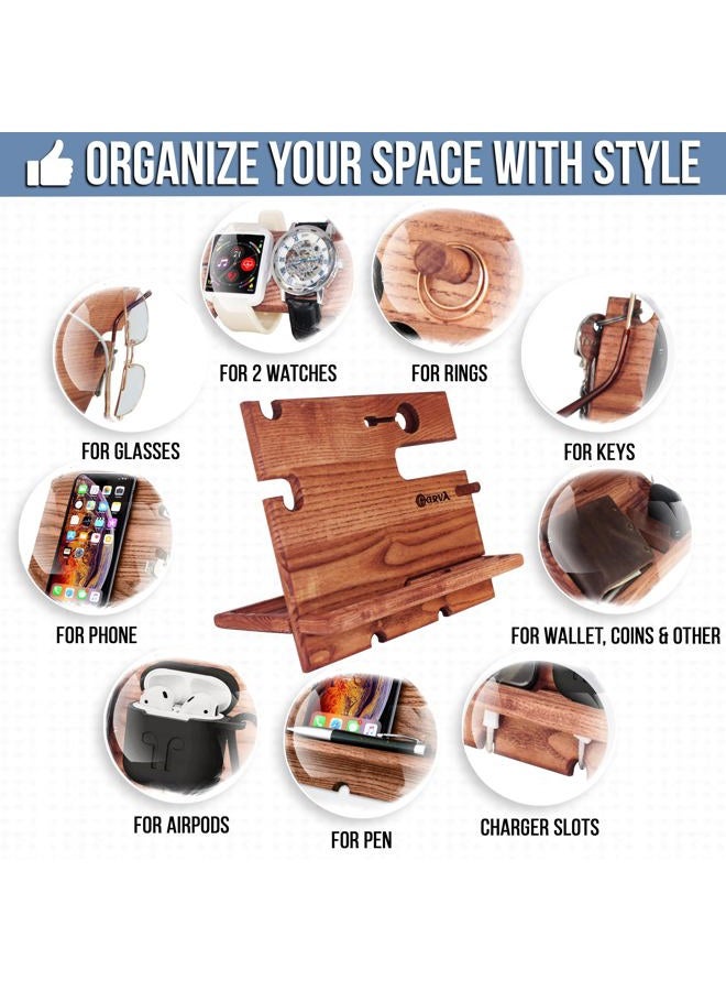 BarvA محطة شحن خشبية ريفية | حامل هاتف ومنظم مكتب | محطة شحن وحامل هاتف | منظم طاولة ليلي مدمج لملحقات الرجال | هدايا مثالية للرجال - Image 2