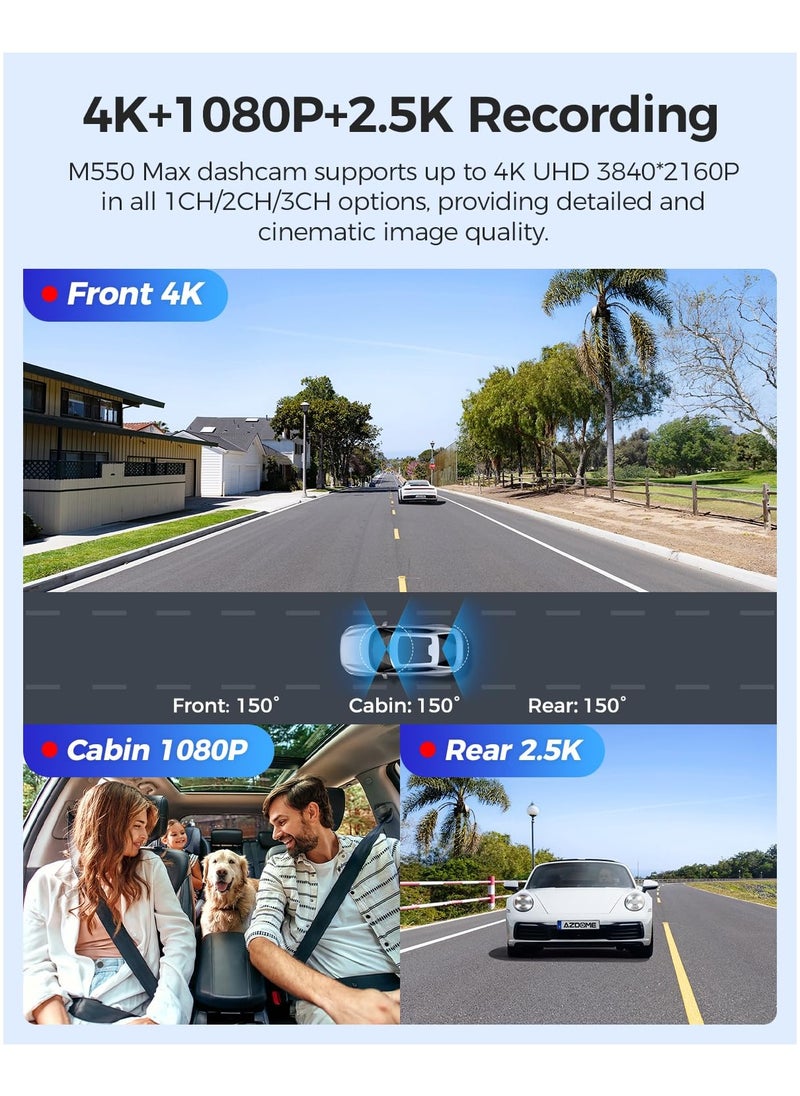 أزدوم كاميرا داش 4K ثلاثية القنوات، مستشعران STARVIS، كاميرا سيارة أمامية وداخلية وخلفية بدقة 4K + 2K + 1K، WiFi وGPS مدمجان، بطاقة 64 جيجابايت مرفقة، رؤية ليلية بالأشعة تحت الحمراء، تقنية WDR، وضع الانتظار على مدار 24 ساعة  - Image 4