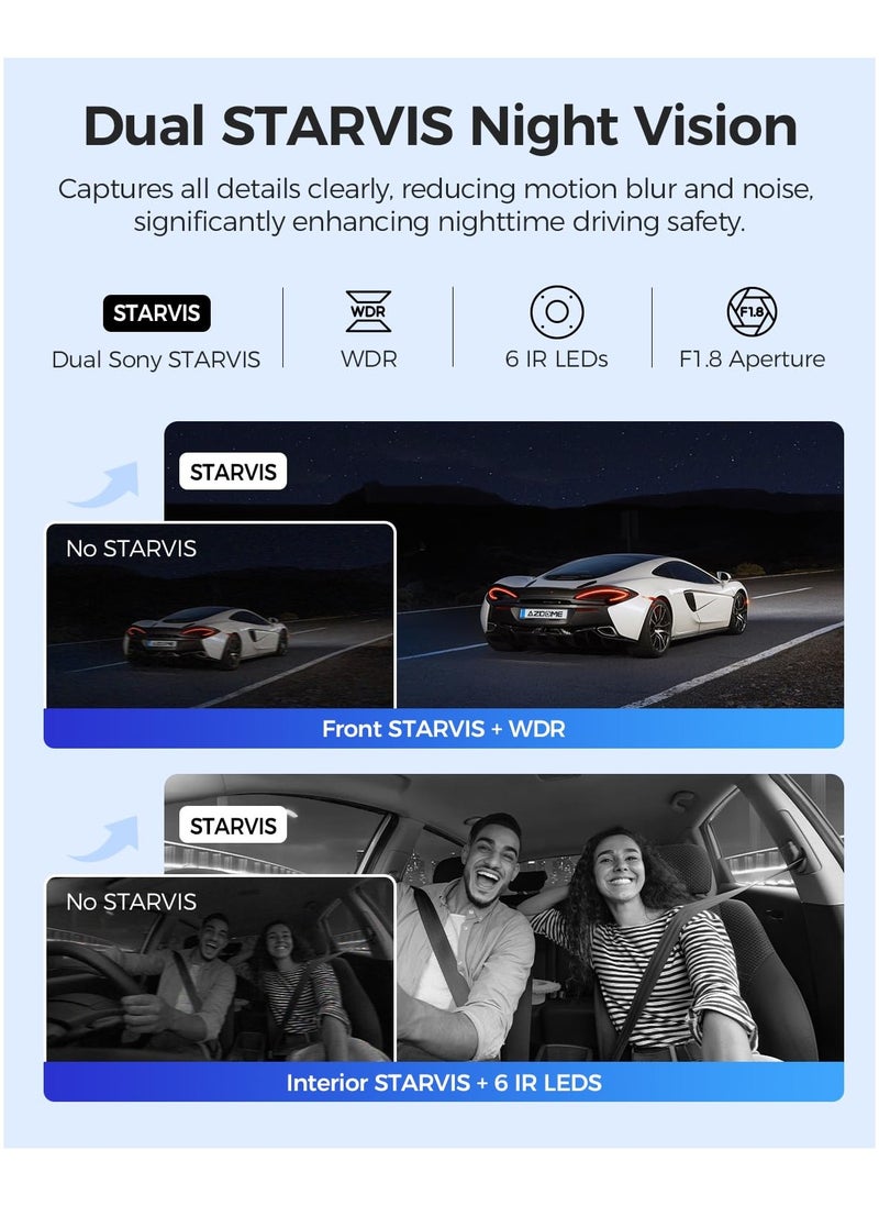أزدوم كاميرا داش 4K ثلاثية القنوات، مستشعران STARVIS، كاميرا سيارة أمامية وداخلية وخلفية بدقة 4K + 2K + 1K، WiFi وGPS مدمجان، بطاقة 64 جيجابايت مرفقة، رؤية ليلية بالأشعة تحت الحمراء، تقنية WDR، وضع الانتظار على مدار 24 ساعة  - Image 5