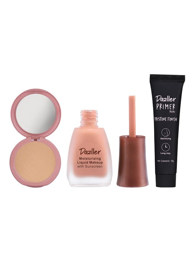 دازلير مجموعة دازلر الأساسية لمكياج الوجه - (غروب الشمس R42، 8006)، مكياج سائل مرطب، 12 مل + بودرة مضغوطة كلاسيكية، 9 غ + برايمر بريستين فينيش، 10 غ - خفيف الوزن، يدوم طويلاً، مظهر طبيعي بدون مكياج - Image 1