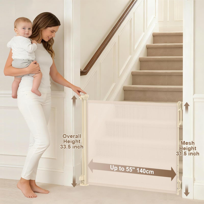 SPACEANY Retractable Safety Baby Gate or Mesh Dog Gate,Durable Portable Mesh Retractable Gate,Easy to Use for Stairs, Doorways, Hallways, Indoor, Outdoor, 33.5" Tall, Up to 55" Wide, Cream - Image 2