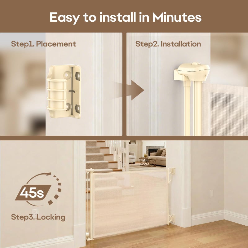 SPACEANY Retractable Safety Baby Gate or Mesh Dog Gate,Durable Portable Mesh Retractable Gate,Easy to Use for Stairs, Doorways, Hallways, Indoor, Outdoor, 33.5" Tall, Up to 55" Wide, Cream - Image 4