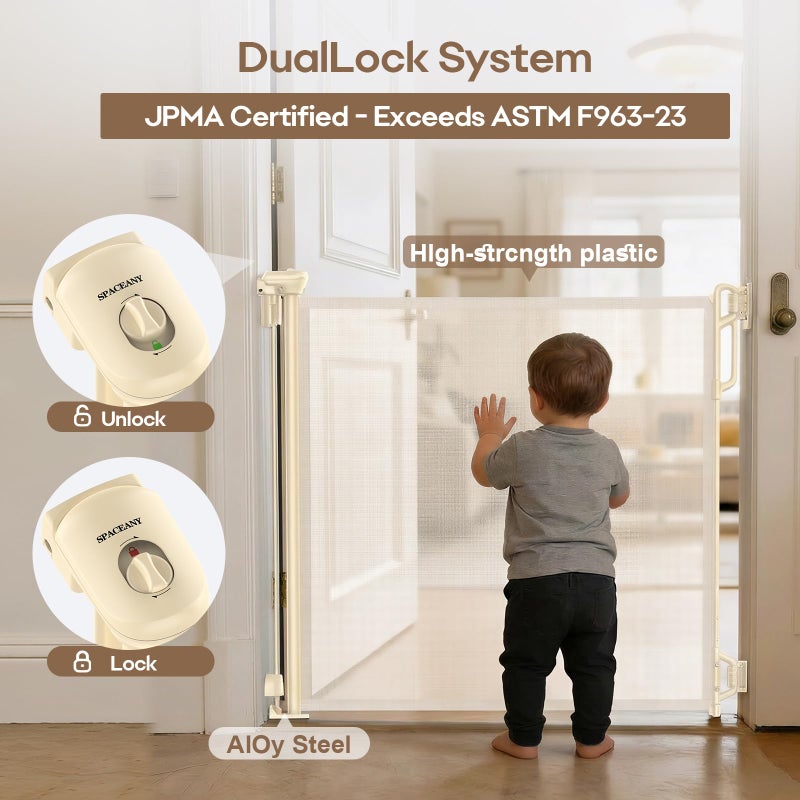 SPACEANY Retractable Safety Baby Gate or Mesh Dog Gate,Durable Portable Mesh Retractable Gate,Easy to Use for Stairs, Doorways, Hallways, Indoor, Outdoor, 33.5" Tall, Up to 55" Wide, Cream - Image 3