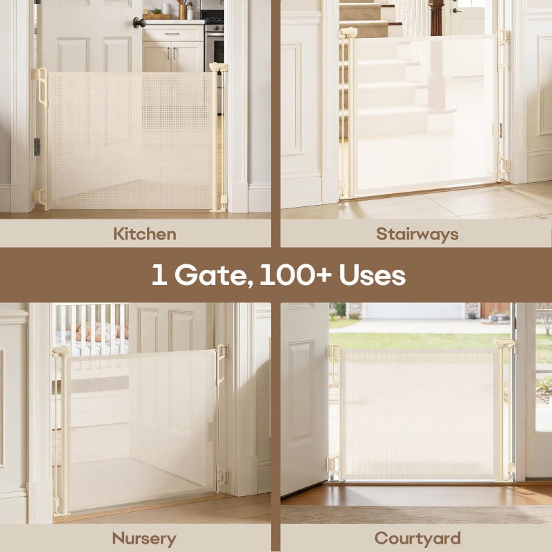 SPACEANY Retractable Safety Baby Gate or Mesh Dog Gate,Durable Portable Mesh Retractable Gate,Easy to Use for Stairs, Doorways, Hallways, Indoor, Outdoor, 33.5" Tall, Up to 55" Wide, Cream - Image 5