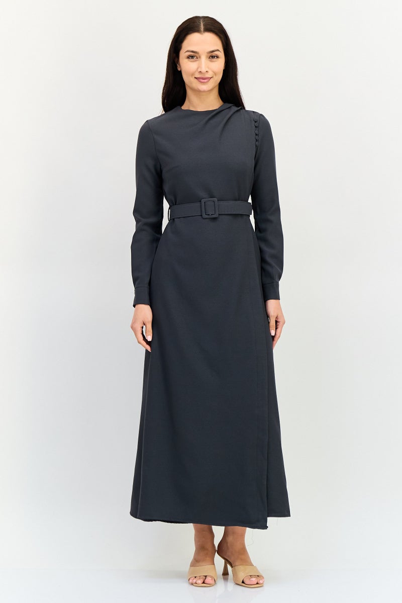 trendyol Women Solid Belted Maxi Dress, Dark Grey - Image 1