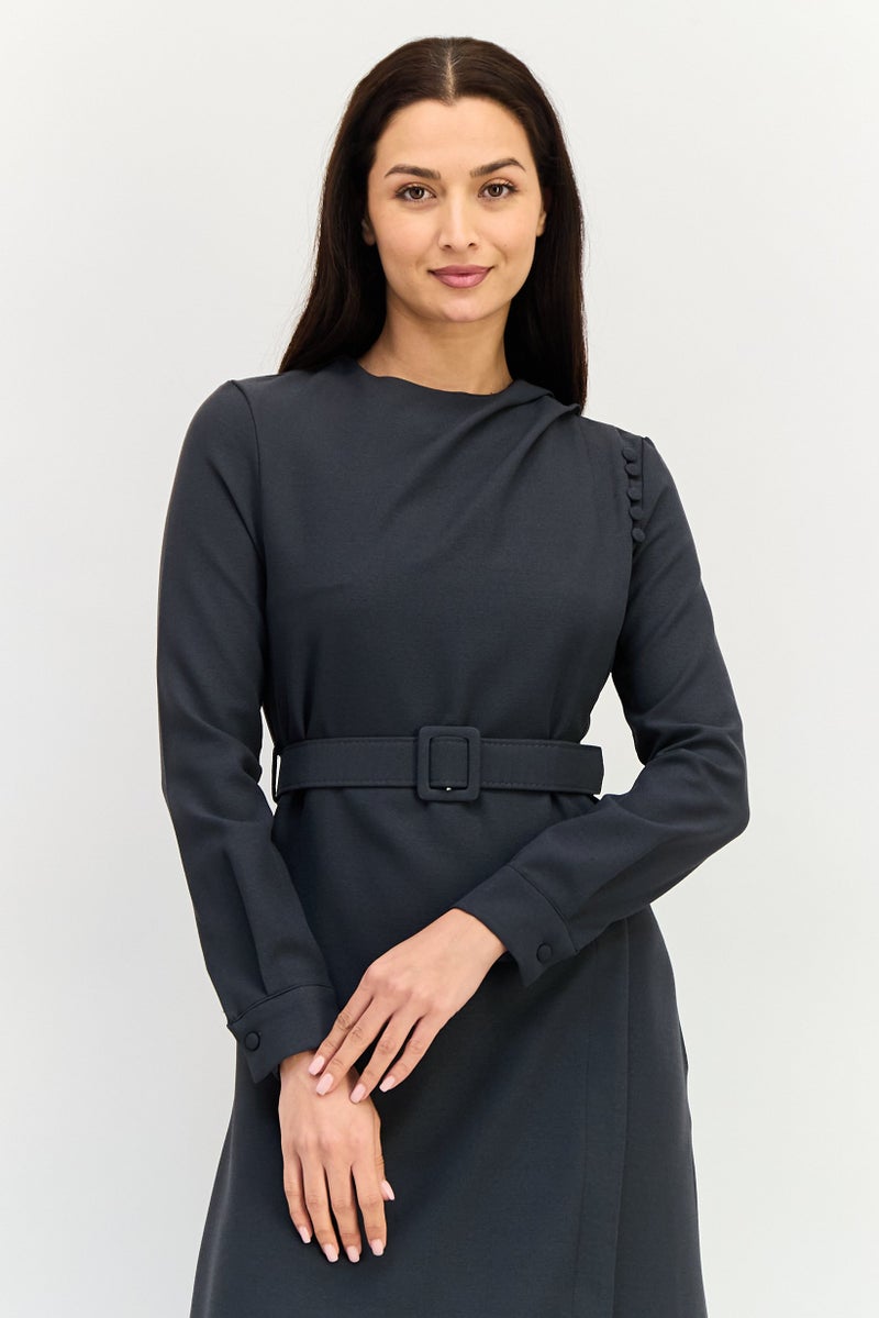 trendyol Women Solid Belted Maxi Dress, Dark Grey - Image 2