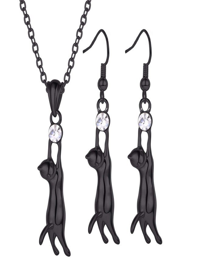 U7 Cat Jewelry Rhinestone Kitten Drop Earring Pendant Necklace Set (Black) - Image 1