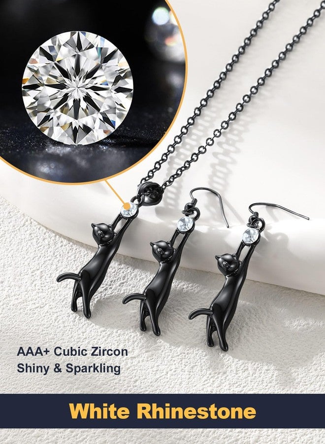 U7 Cat Jewelry Rhinestone Kitten Drop Earring Pendant Necklace Set (Black) - Image 5