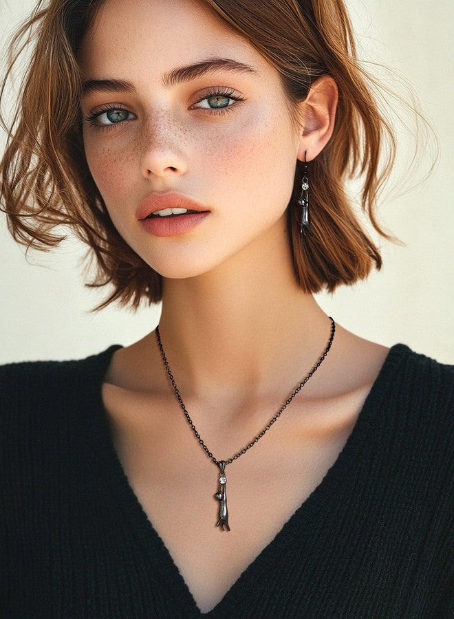 U7 Cat Jewelry Rhinestone Kitten Drop Earring Pendant Necklace Set (Black) - Image 2