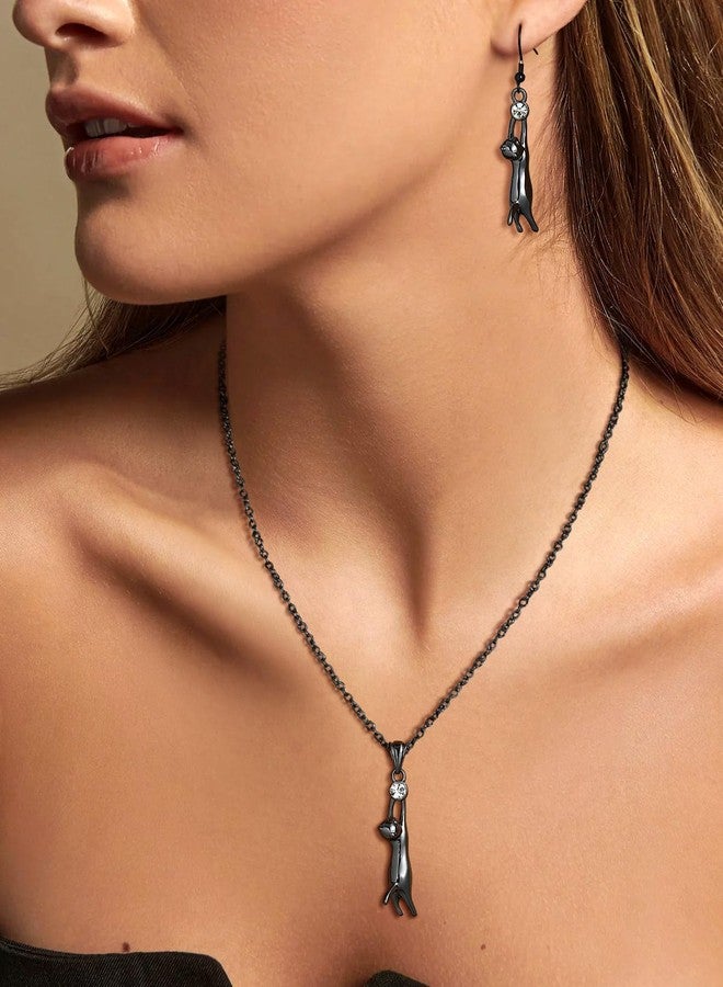 U7 Cat Jewelry Rhinestone Kitten Drop Earring Pendant Necklace Set (Black) - Image 3