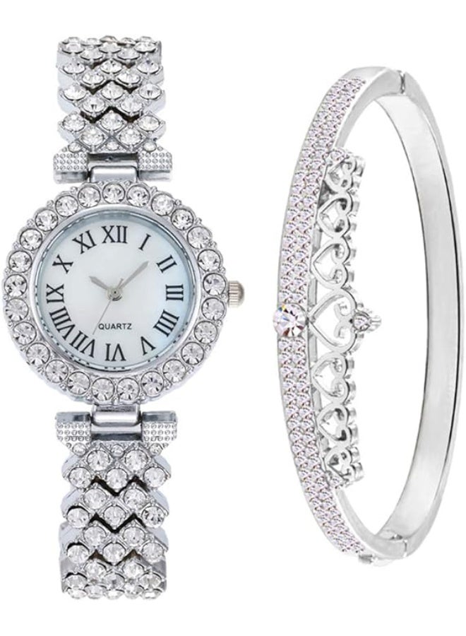 QUARTZ Women Watches Diamond Luxury Quartz Watch Ladies Wristwatches with Crown Bangle Set Gifts - Image 1