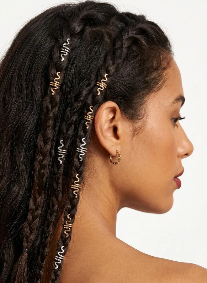 تايك تو Pack of 9 - Gold and Silver Tone Snake-Shaped Hair Rings