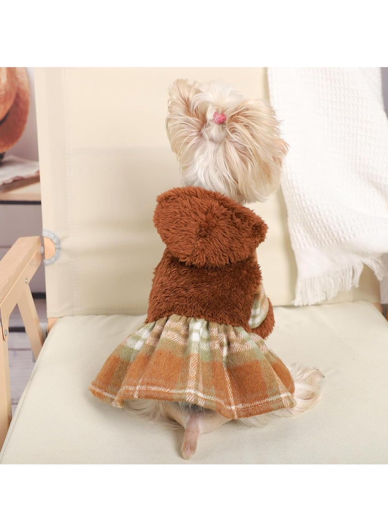 CMGTYYD - Dog Hoodie Dress, Winter Dog Sweaters for Small Dogs Girl, Cold Weather Warm Puppy Dresses Pink Plaid Pet Clothes Outfits for Chihuahua Yorkie Teacup Cat Skirt Coat Apparel Clothing (XX-Small, Brown) - Image 1