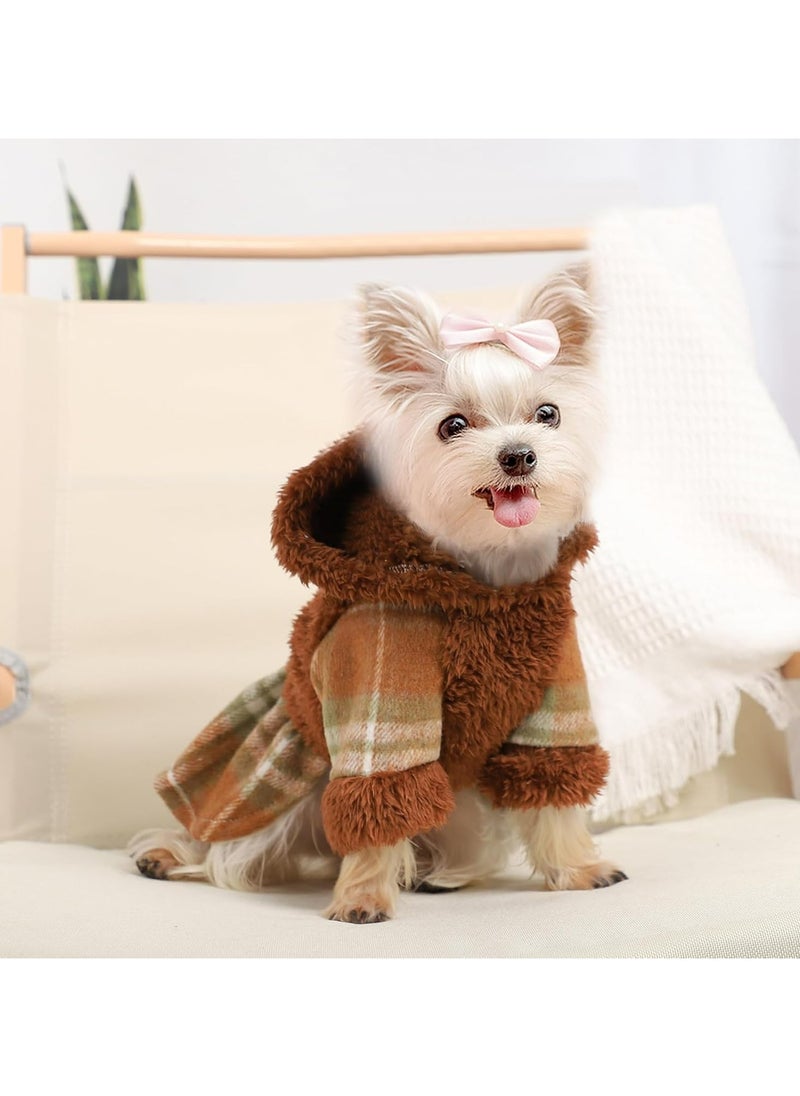 CMGTYYD - Dog Hoodie Dress, Winter Dog Sweaters for Small Dogs Girl, Cold Weather Warm Puppy Dresses Pink Plaid Pet Clothes Outfits for Chihuahua Yorkie Teacup Cat Skirt Coat Apparel Clothing (XX-Small, Brown) - Image 1