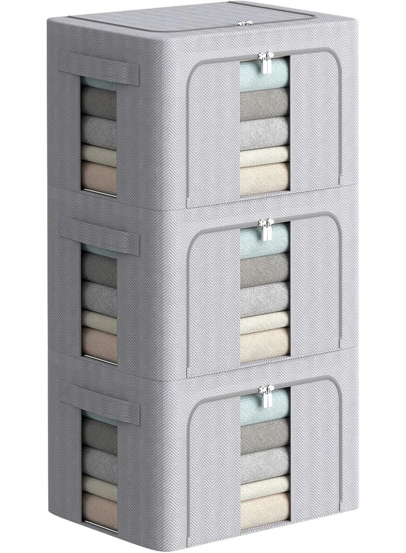 U-HOOME 3 Pcs Clothes Storage Organizer Bins 66 L,Foldable Frame Storage Box With Clear Window & Carry Handles,Stackable Linen Fabric Organizer Bedroom Closet Organization for Bedding, Cloth - Image 1