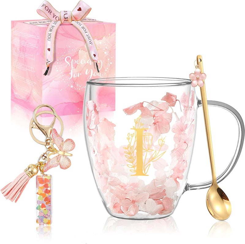 BigNoseDeer Gifts for Women Glass Coffee Mugs Unique Birthday Gift for Women Her Ladies Espresso Tea Cups Personalised Friendship Wedding Gifts Cute Double Walled Glass Mugs Pink Stuff Graduation Gift (Letter I) - Image 1
