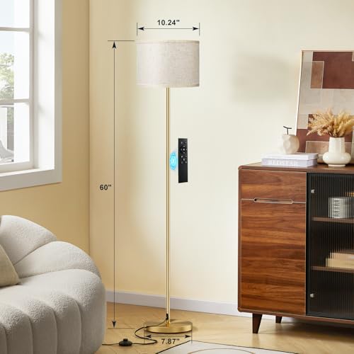 Ambimall 60'' Modern Floor Lamp with Remote, Tall Lamps for Living Room, Bedroom, Office, Dining Room, Beige Shade with Gold Pole(Included Bulb) - Image 2