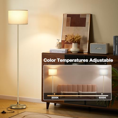 Ambimall 60'' Modern Floor Lamp with Remote, Tall Lamps for Living Room, Bedroom, Office, Dining Room, Beige Shade with Gold Pole(Included Bulb) - Image 4