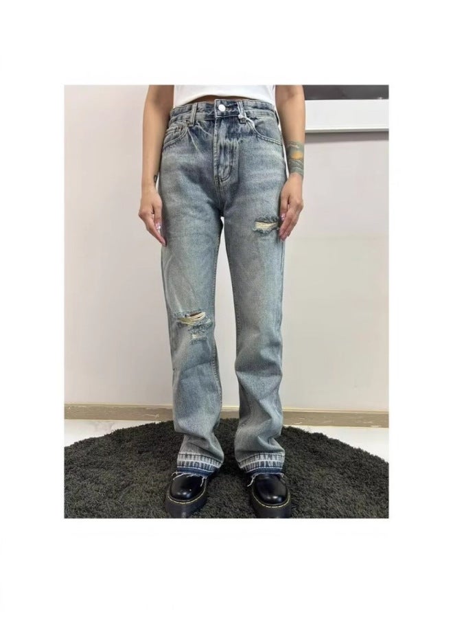 American Retro Ripped Jeans Men's Autumn Loose Casual Straight Pants Trendy Washed Tie-Dye Tapered Trousers