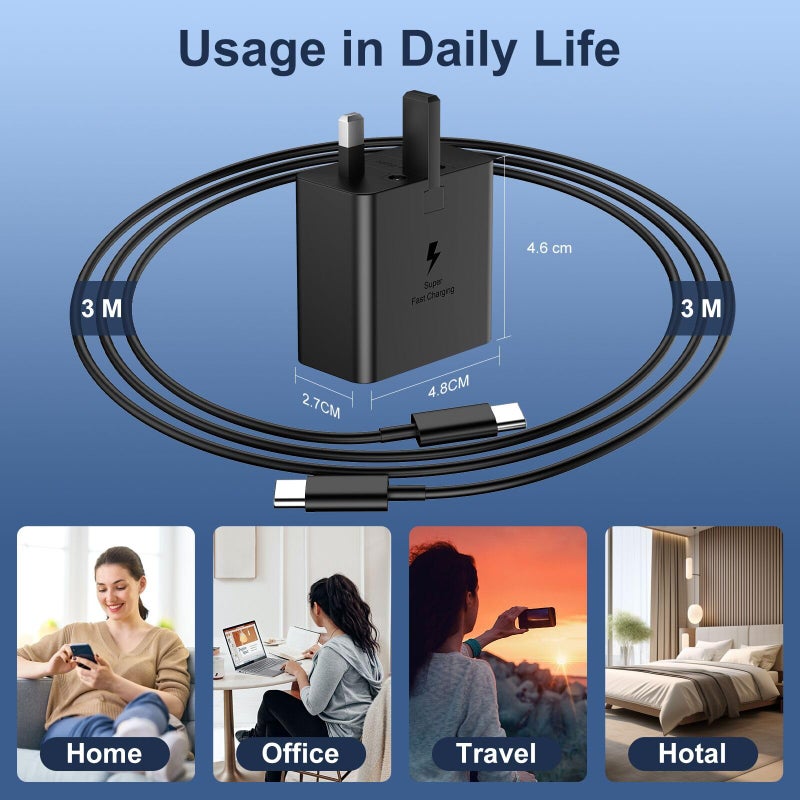 DiHines USB C Charger for Samsung Fast Charger USB C Plug & Cable 3M Long 25W Type C Super Fast Phone Charging Android Adaptor UK 2-Pack for Galaxy S26/S25 Ultra/S24/S23/S22/S21/A56/A55/A36/A17/A16/Note 20/10 - Image 5