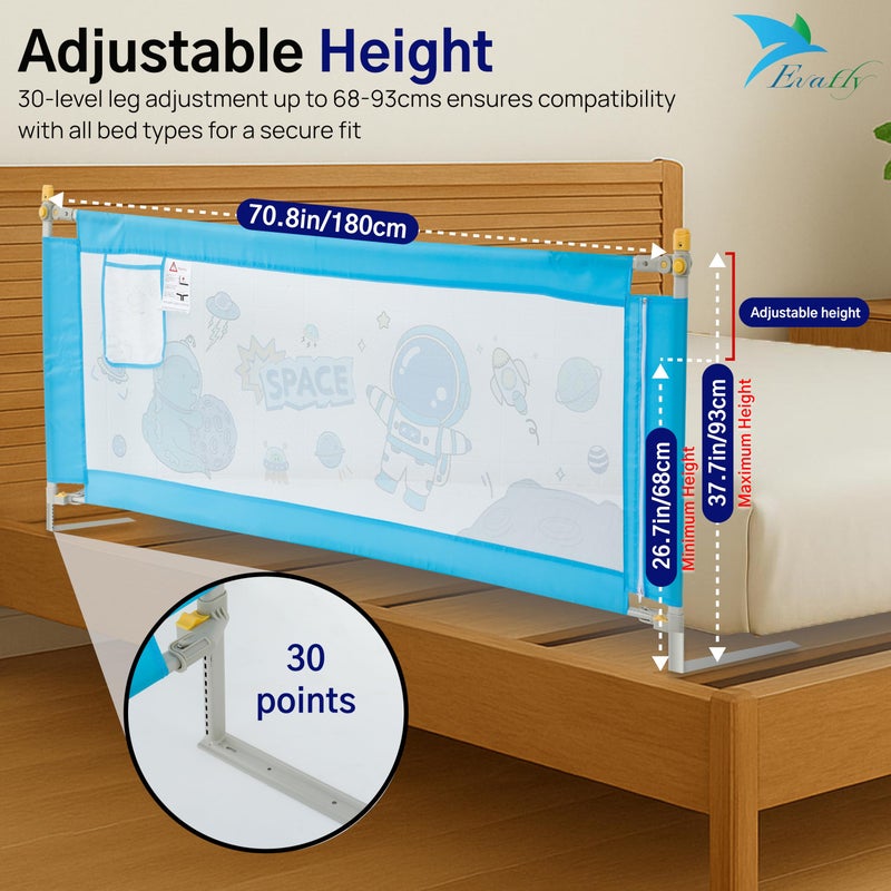 Evafly Bed Railing for Baby Safety Astronaut Print, L-180cm x Adjust Height Between 68-93cm, Single Side Bed Rail for Infant & Toddler's Safety-Blue - Image 2