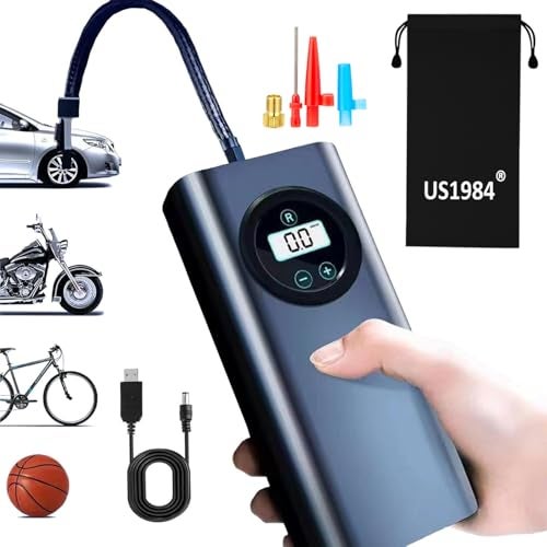 US1984 Car Tyre Inflator, Rechargeable Portable Air Compressor, 2X Fast Inflation, Cordless and Accurate Tire Pressure with digital display, 150PSI Auto Shut Off Air Pump for Car, Bike, Cycle, Ball - Image 1