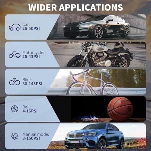 US1984 Car Tyre Inflator, Rechargeable Portable Air Compressor, 2X Fast Inflation, Cordless and Accurate Tire Pressure with digital display, 150PSI Auto Shut Off Air Pump for Car, Bike, Cycle, Ball - Image 3
