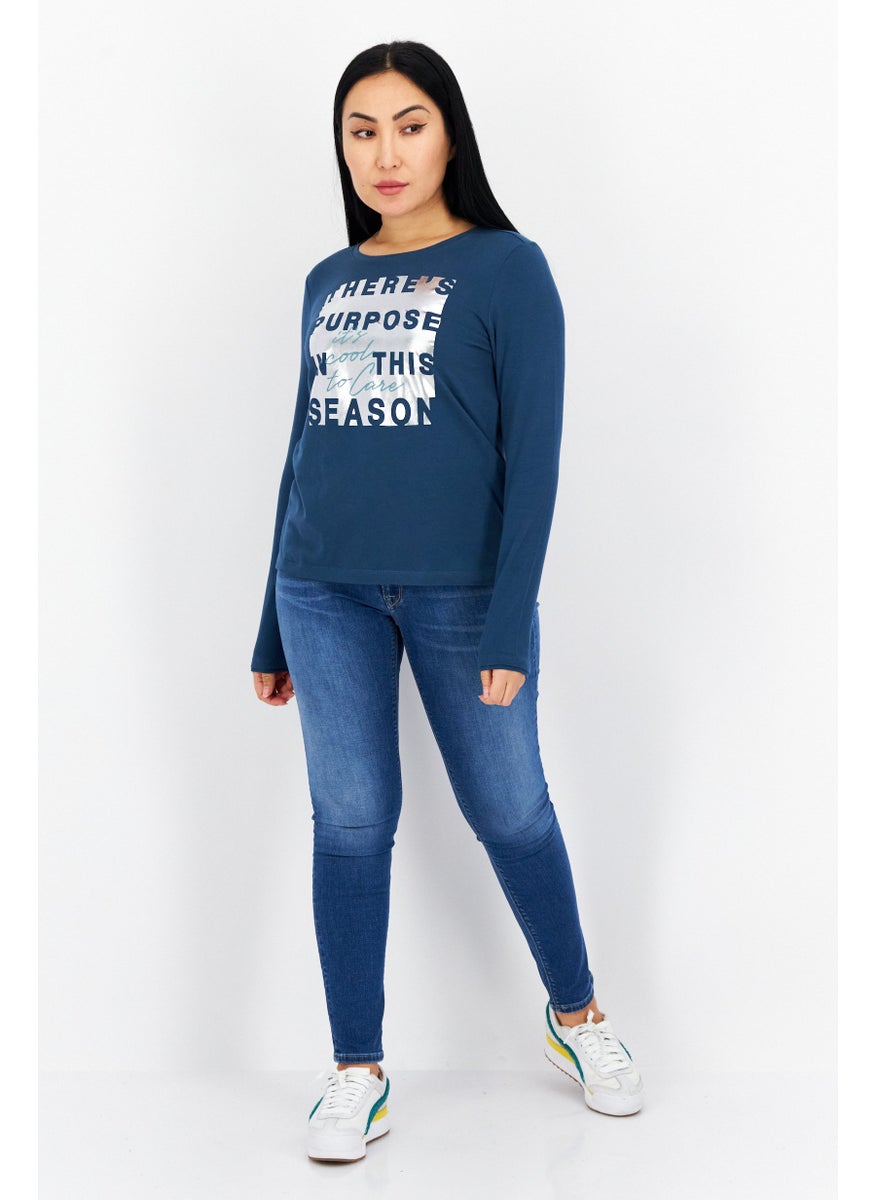 s.Oliver Women Crew Neck Long Sleeves Graphic Print Top, Teal Blue Combo  - Image 3