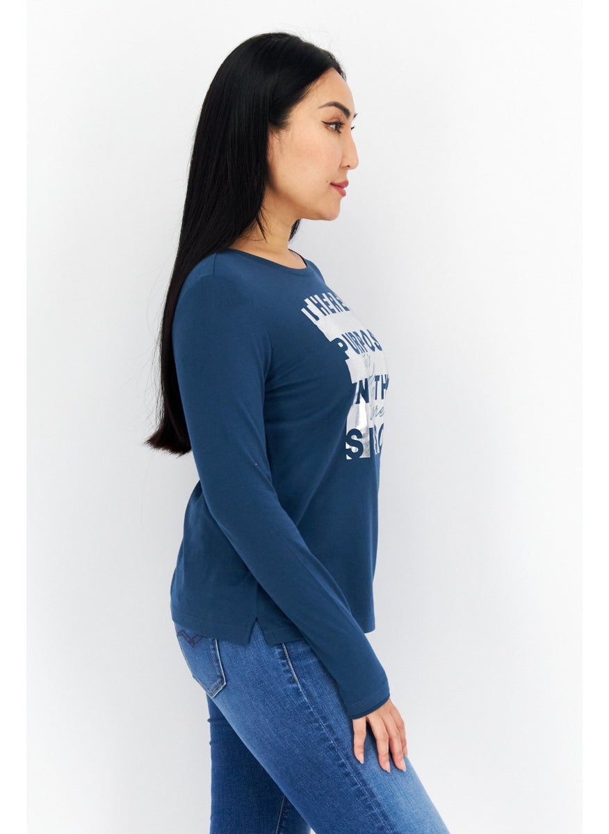 s.Oliver Women Crew Neck Long Sleeves Graphic Print Top, Teal Blue Combo  - Image 4