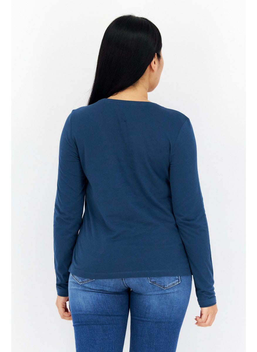 s.Oliver Women Crew Neck Long Sleeves Graphic Print Top, Teal Blue Combo  - Image 2