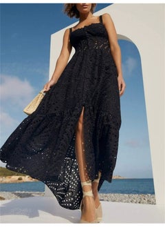 Madam Uniq Black Elegant Vacation-style Asymmetrical Mermaid Maxi Dress with Spaghetti Straps  - Image 1