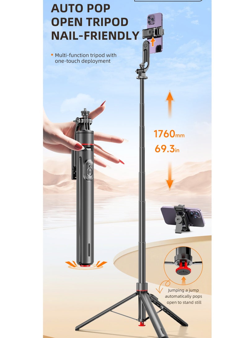 69.29"(1.76m) All-in-one Auto Pop Open Tripod Magnetic Remote Detachable phone clip Tripod Selfie Stick  - Image 2