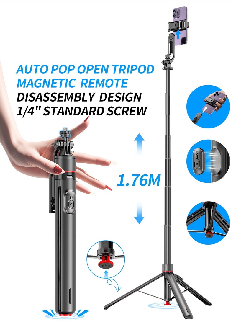 69.29"(1.76m) All-in-one Auto Pop Open Tripod Magnetic Remote Detachable phone clip Tripod Selfie Stick  - Image 1