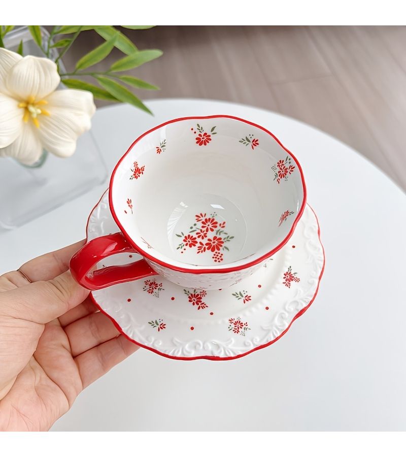 Red Rim Beaded Cup and Saucer Coffee Latte Milk Cup Wedding Gift Set - Image 5