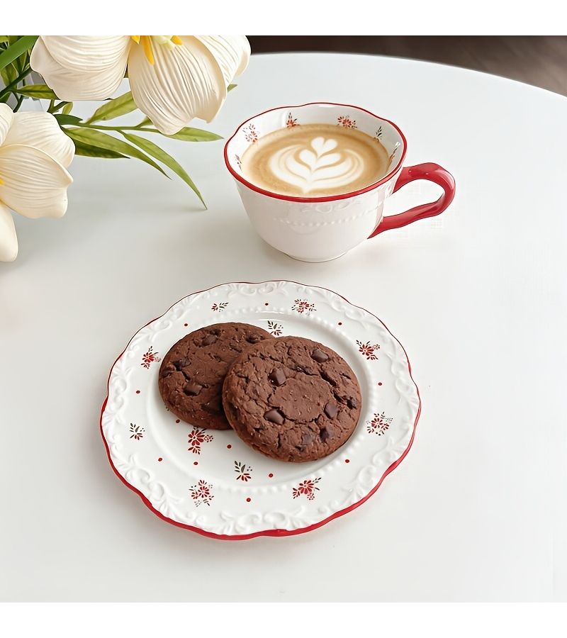 Red Rim Beaded Cup and Saucer Coffee Latte Milk Cup Wedding Gift Set - Image 2