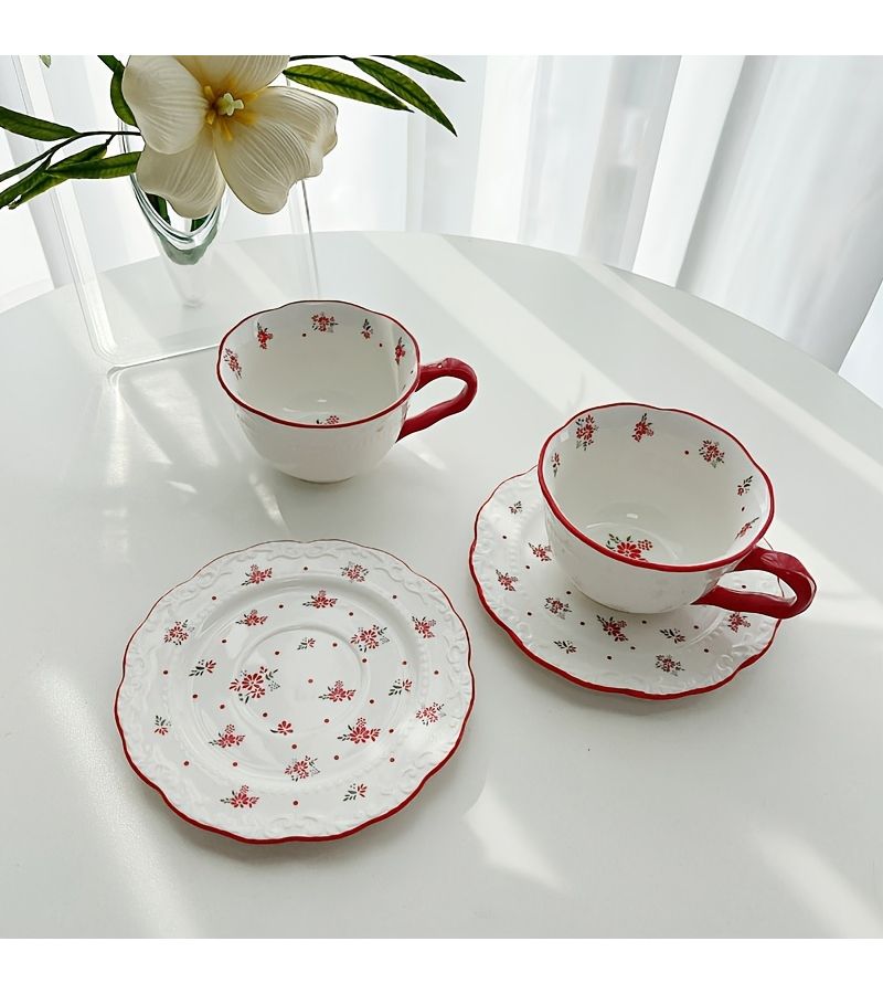 Red Rim Beaded Cup and Saucer Coffee Latte Milk Cup Wedding Gift Set - Image 1