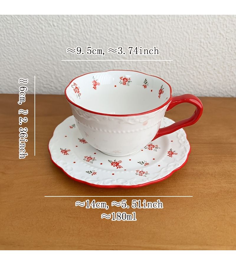 Red Rim Beaded Cup and Saucer Coffee Latte Milk Cup Wedding Gift Set - Image 3