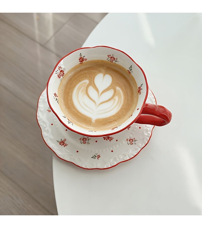 Red Rim Beaded Cup and Saucer Coffee Latte Milk Cup Wedding Gift Set - Image 4