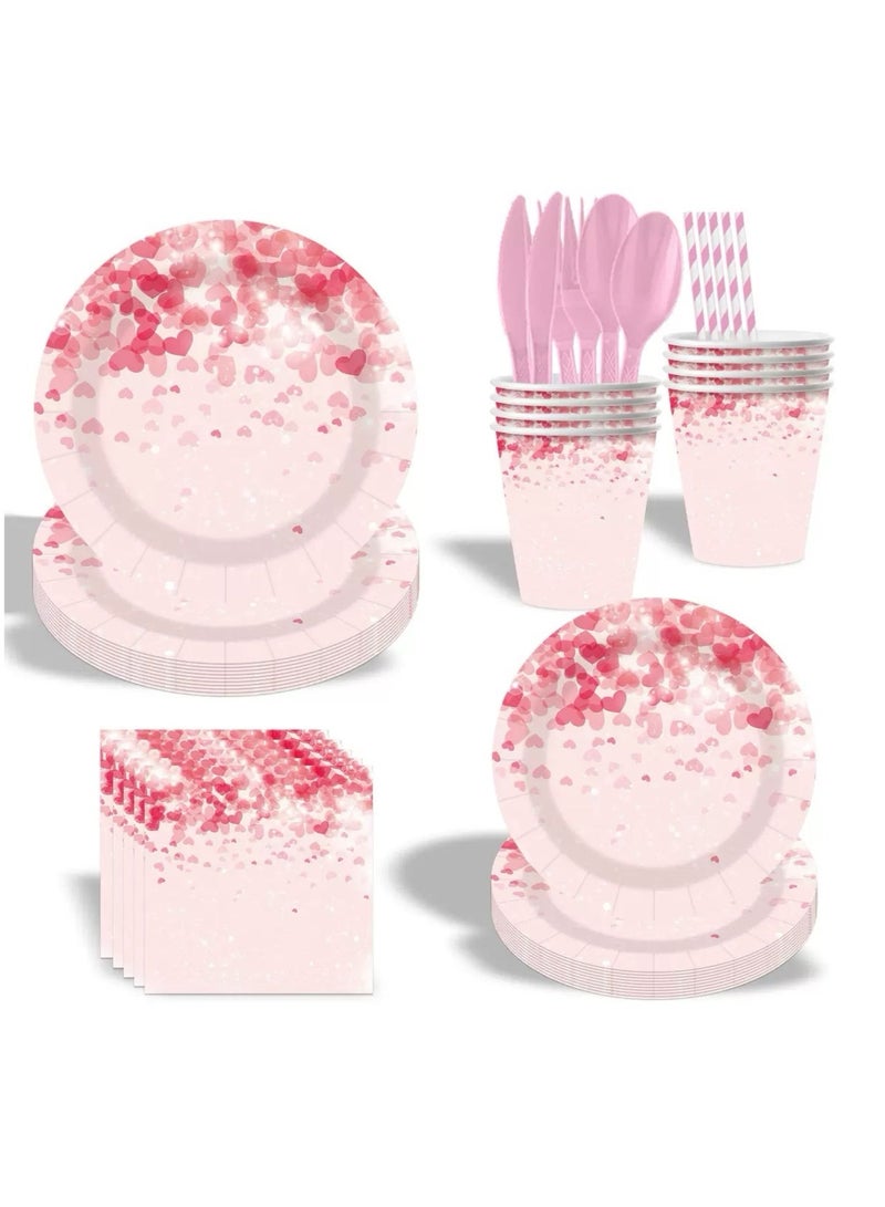 Pink Heart-Shaped Food-Grade Safe Party Tableware Set—Biodegradable, perfect for children’s birthday parties and adult engagement parties. Includes paper plates, cups, and napkins, serving 10 guests. - Image 1
